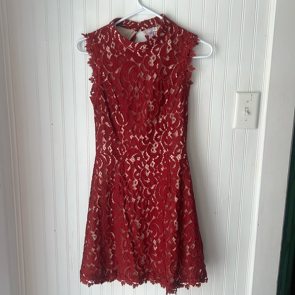 Red lace open back dress